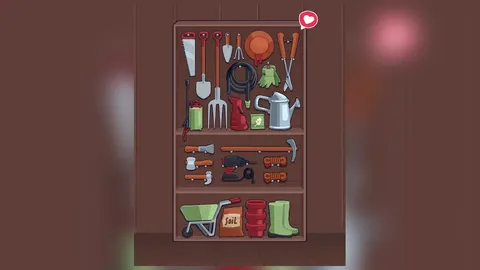 Perfect Tidy, уровень 148: шкаф с садовыми инструментами, пила, лопата, вилы, лейка, шланг, шляпа, тачка и сапоги на своих местах