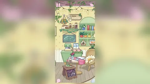 Perfect Tidy, уровень 235: чистая уютная кофейня с желтыми обоями в цветочек, круглым столиком, плетеными креслами и полкой с растениями