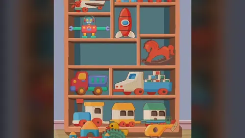 Perfect Tidy, уровень 41: стеллаж с игрушками, на нижних полках машины, поезд и домики, выше ракета, лошадка и робот